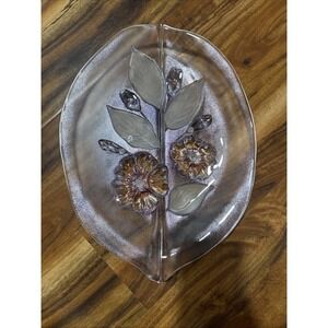 Fine Crystal Oval Platter Frosted Floral 3D 13.75" Blue Pink Leaf Petal Shaped
